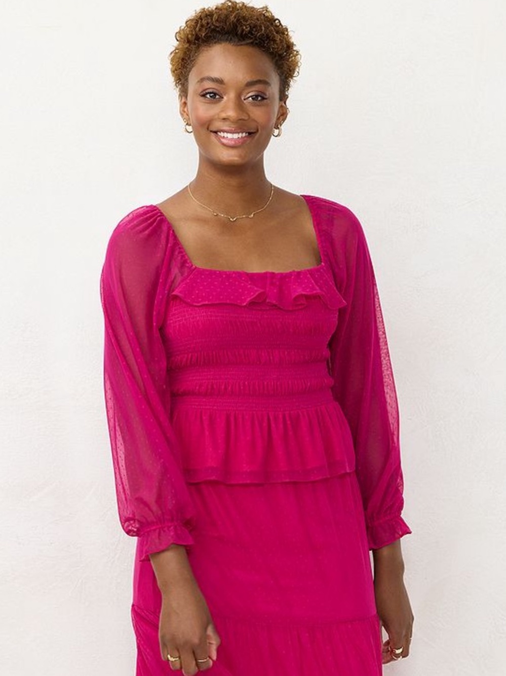 LC Lauren Conrad Hot Pink Ruffled Smocked Blouse
